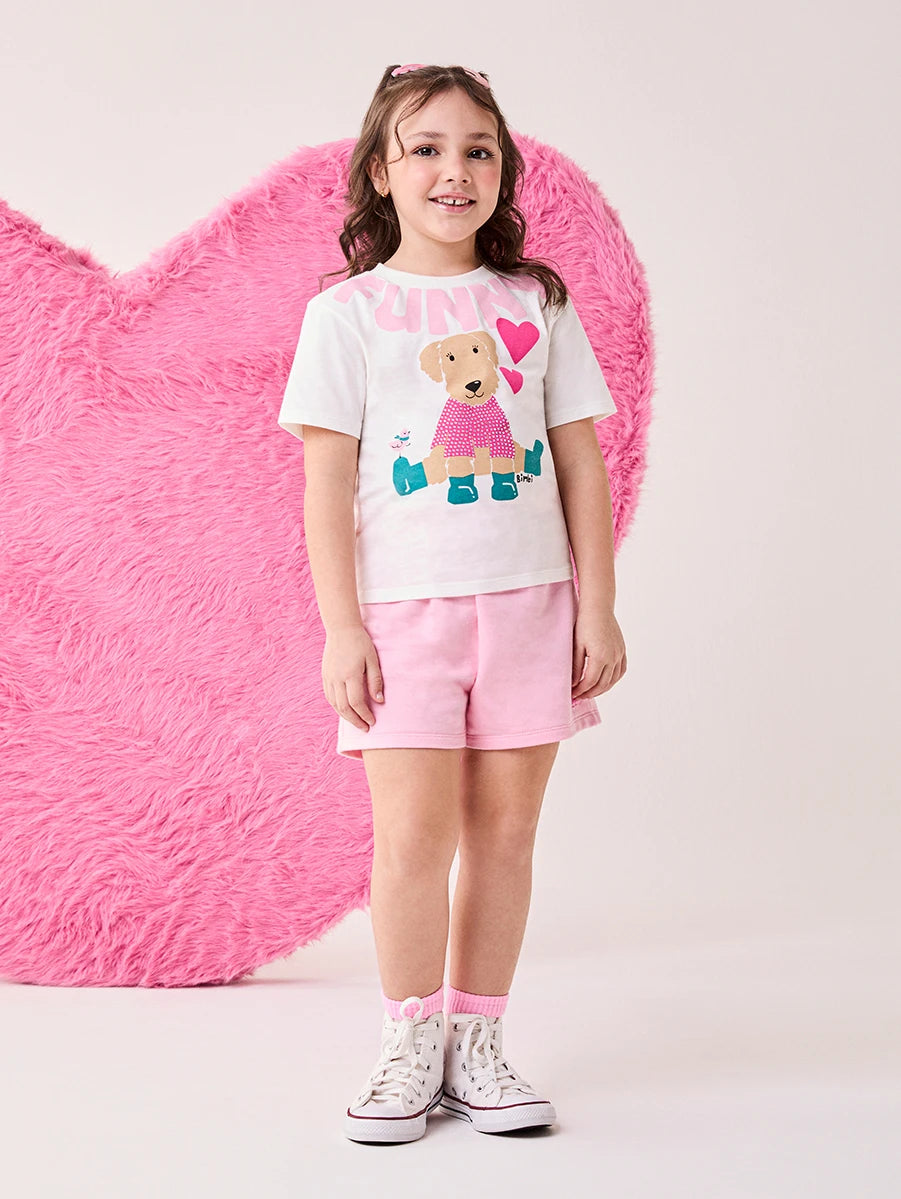 Conjunto Infantil Bimbi Inverno com Shorts Rosa e Blusa Manga Curta Cachorrinha Funny