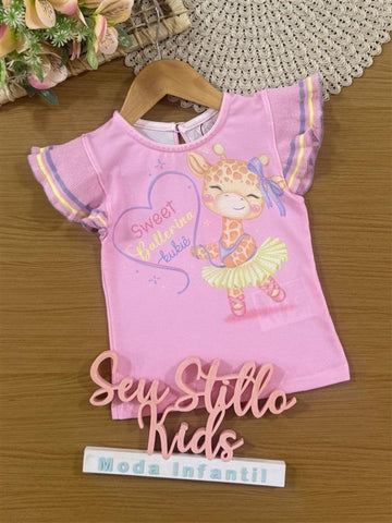 Blusa Infantil Kukiê Verão Rosa Girafinha Bailarina