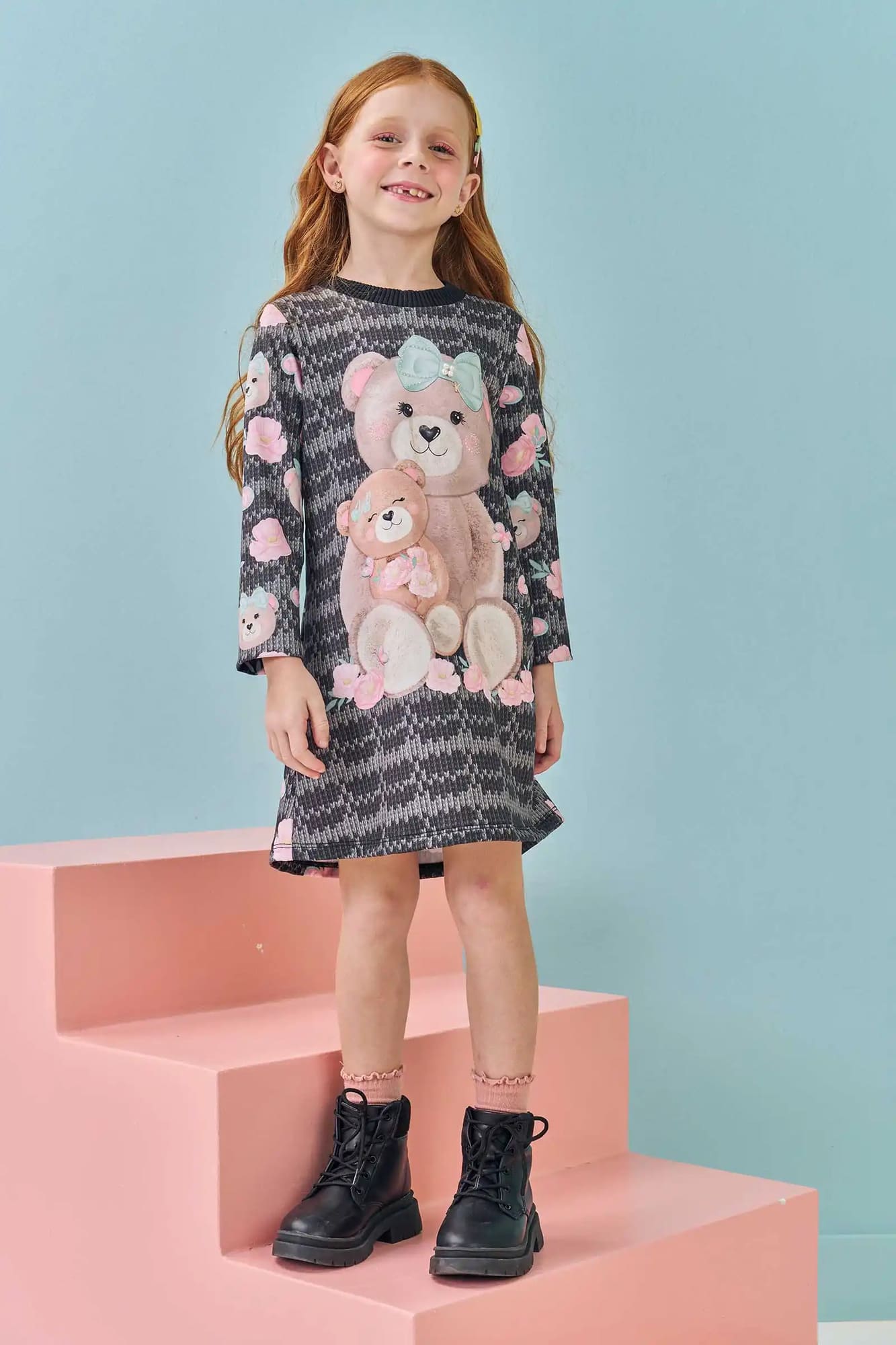 Vestido Infantil Kukie Inverno Verde Ursinha