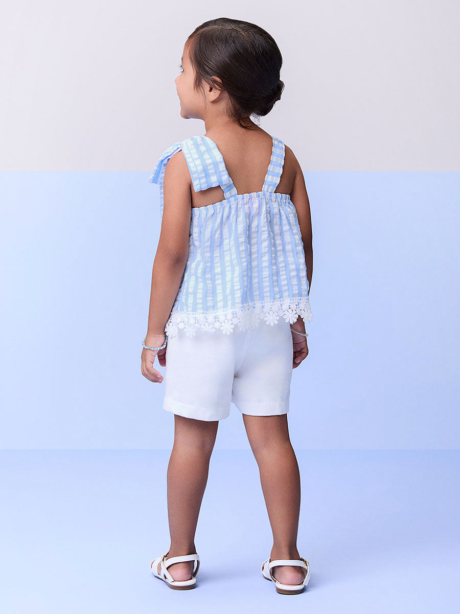 Conjunto Infantil Momi Verão Com Shorts e Blusa Azul Listrado Com Laço