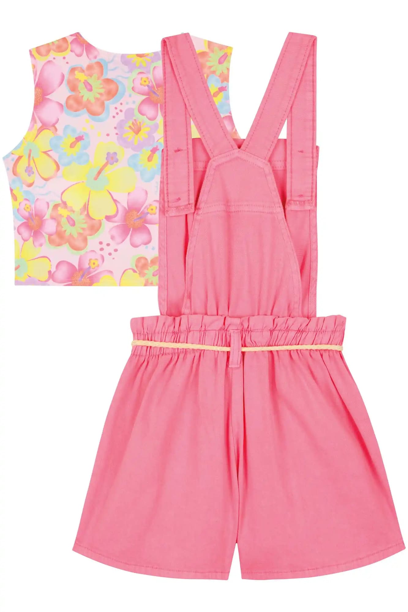 Jardineira Infantil Kukiê Verão Rosa Ursinha com Cropped Floral