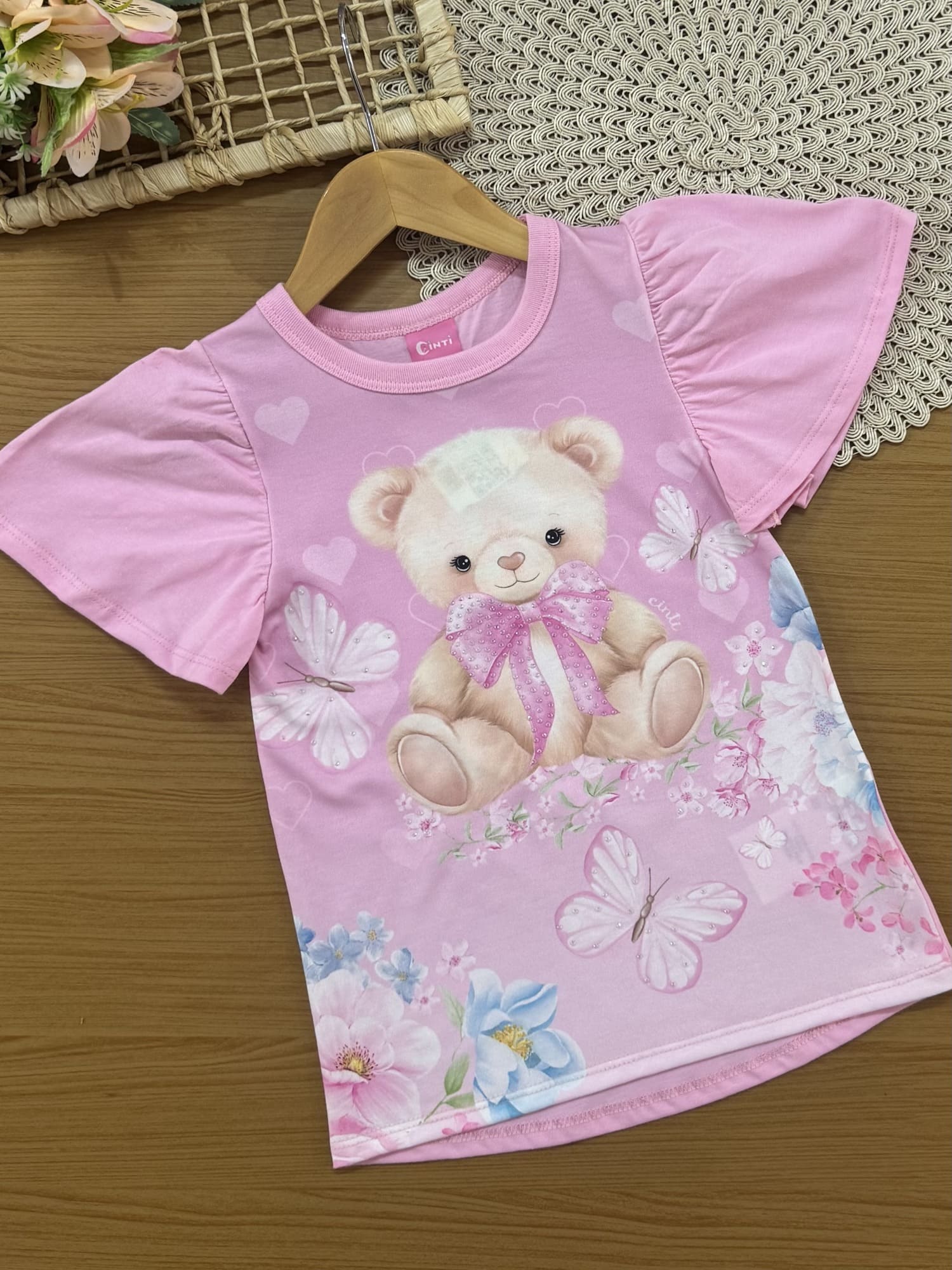 Conjunto Infantil Cinti Verão com Shorts Ciclista Listrado e Blusa Rosa Ursinha Floral