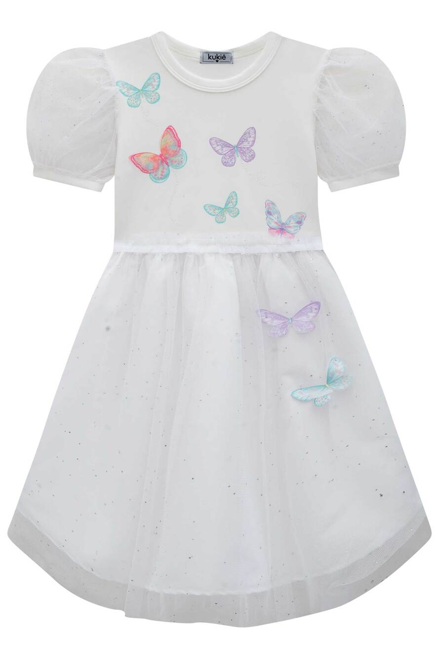 Vestido Infantil Kukie Verão Branco Tule Borboletas