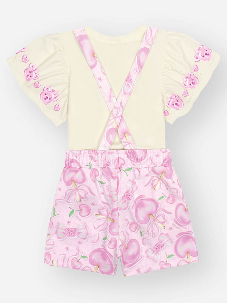 Jardineira Infantil Cinti Verão Lilás Docinhos com Blusa Branca