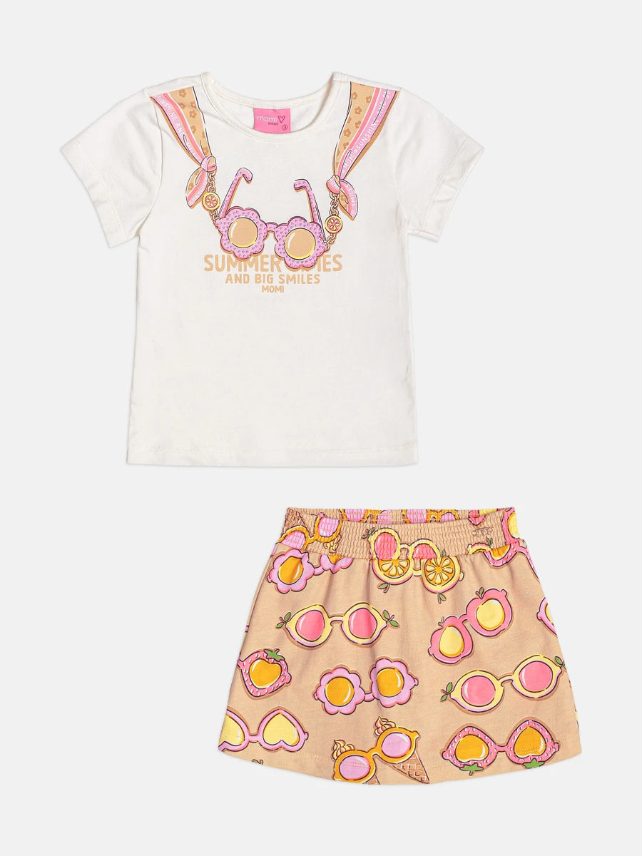 Conjunto Infantil Menina Momi com Shorts Saia Bege e Blusa Óculos