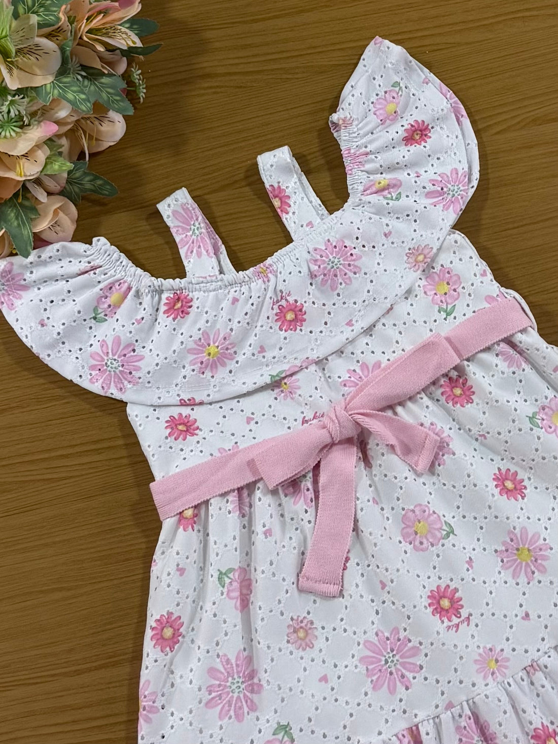 Vestido Infantil Kukie Verão Branco em Laise Floral