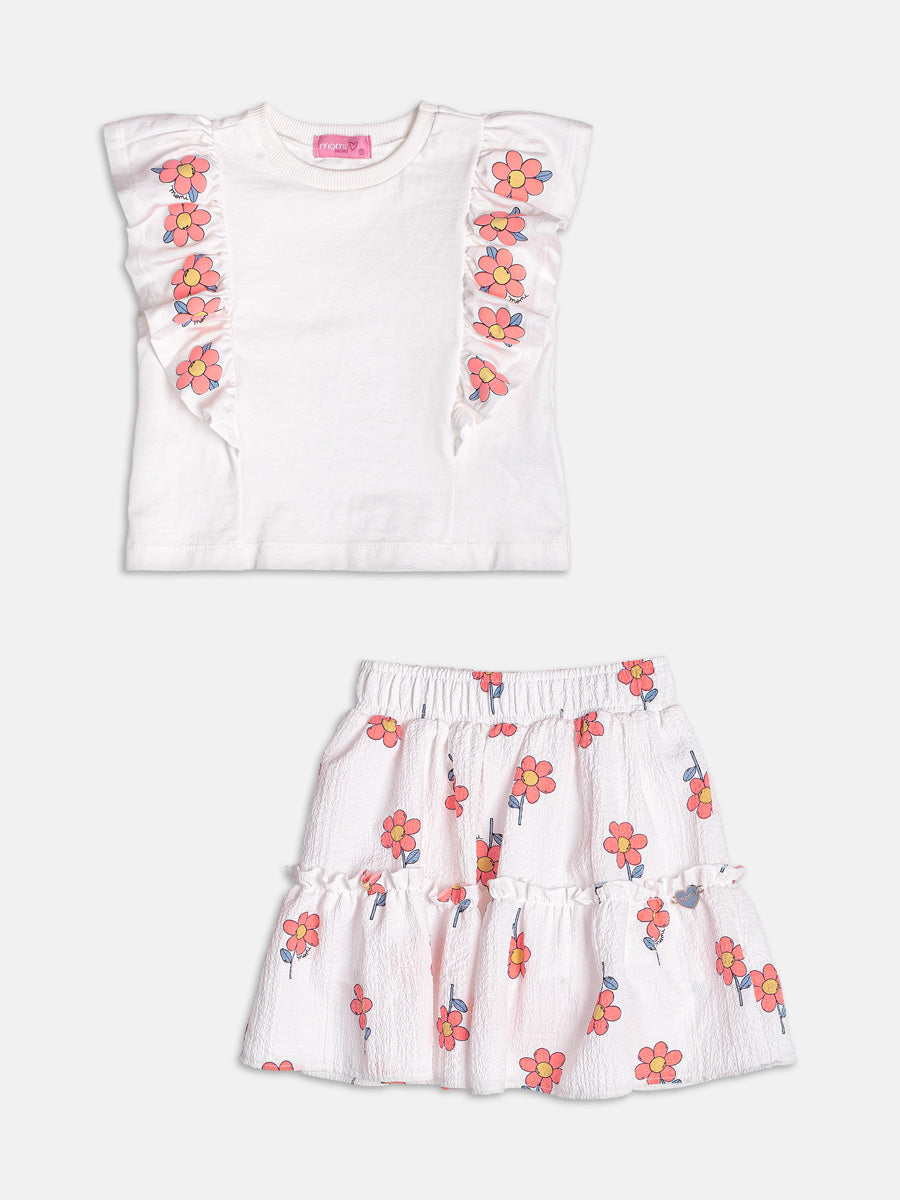 Conjunto Infantil Momi Verão com Saia e Blusa Branca Flozinhas