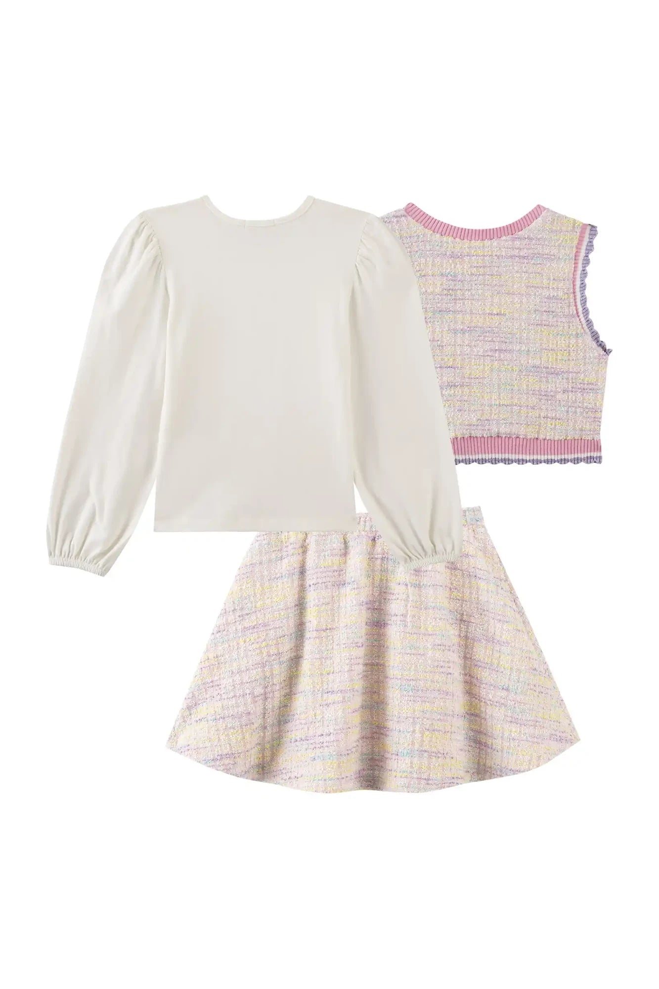 Conjunto Infantil Kukiê Inverno com Saia, Colete Tweed colorido e Blusa Manga Longa