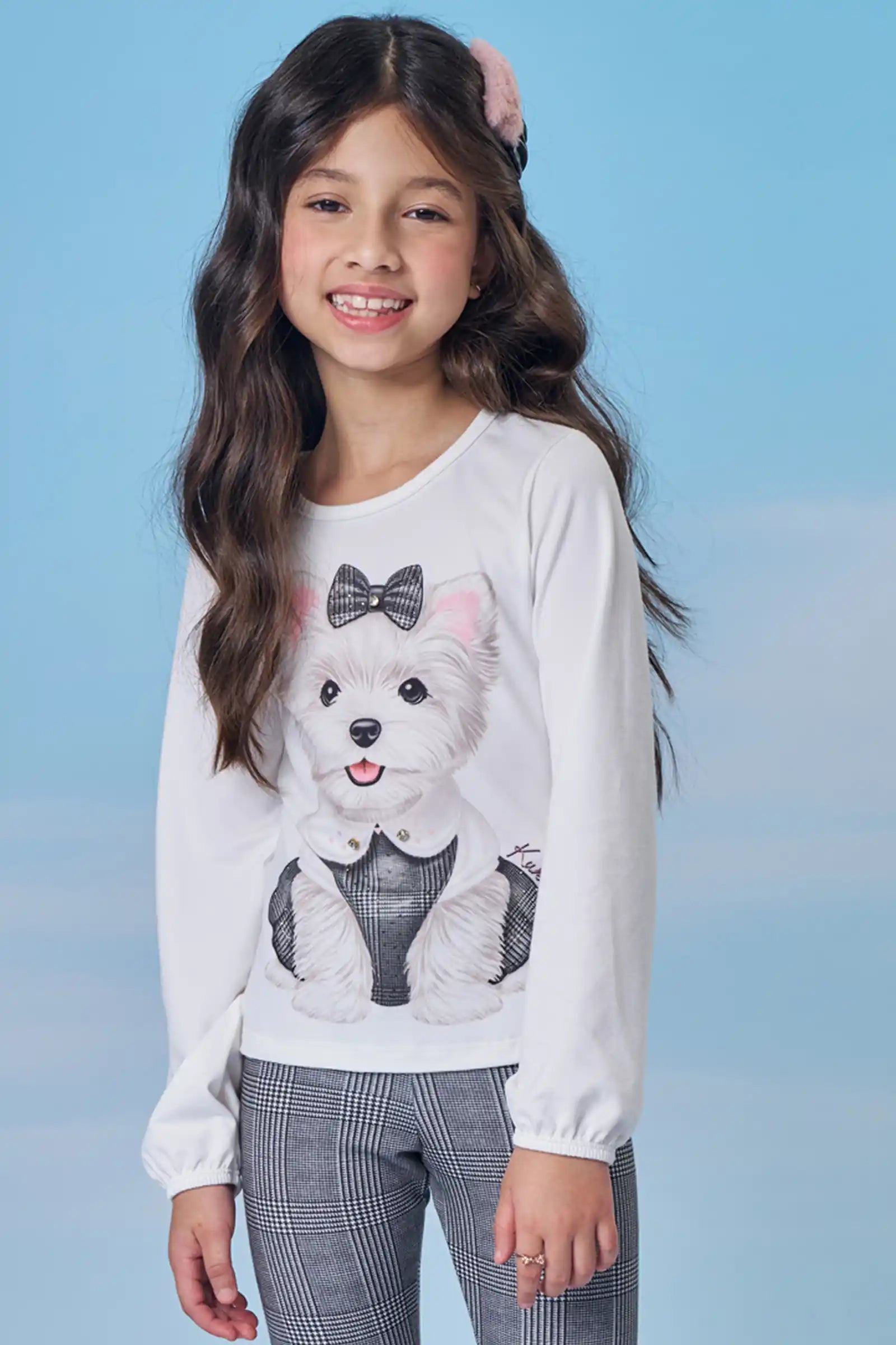 Blusa Infantil Kukiê Inverno Manga Longa Branca Cachorrinha Fashion