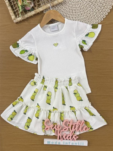 Conjunto Infantil Momi Verão com Saia e Blusa Branca Maçã