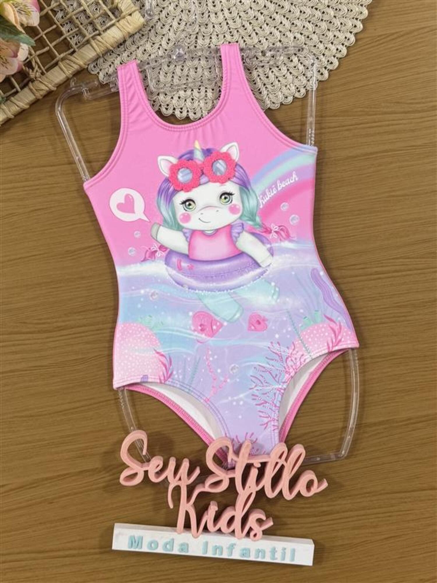 Maiô Infantil Kukiê Verão Rosa Unicórnio Fundo do Mar