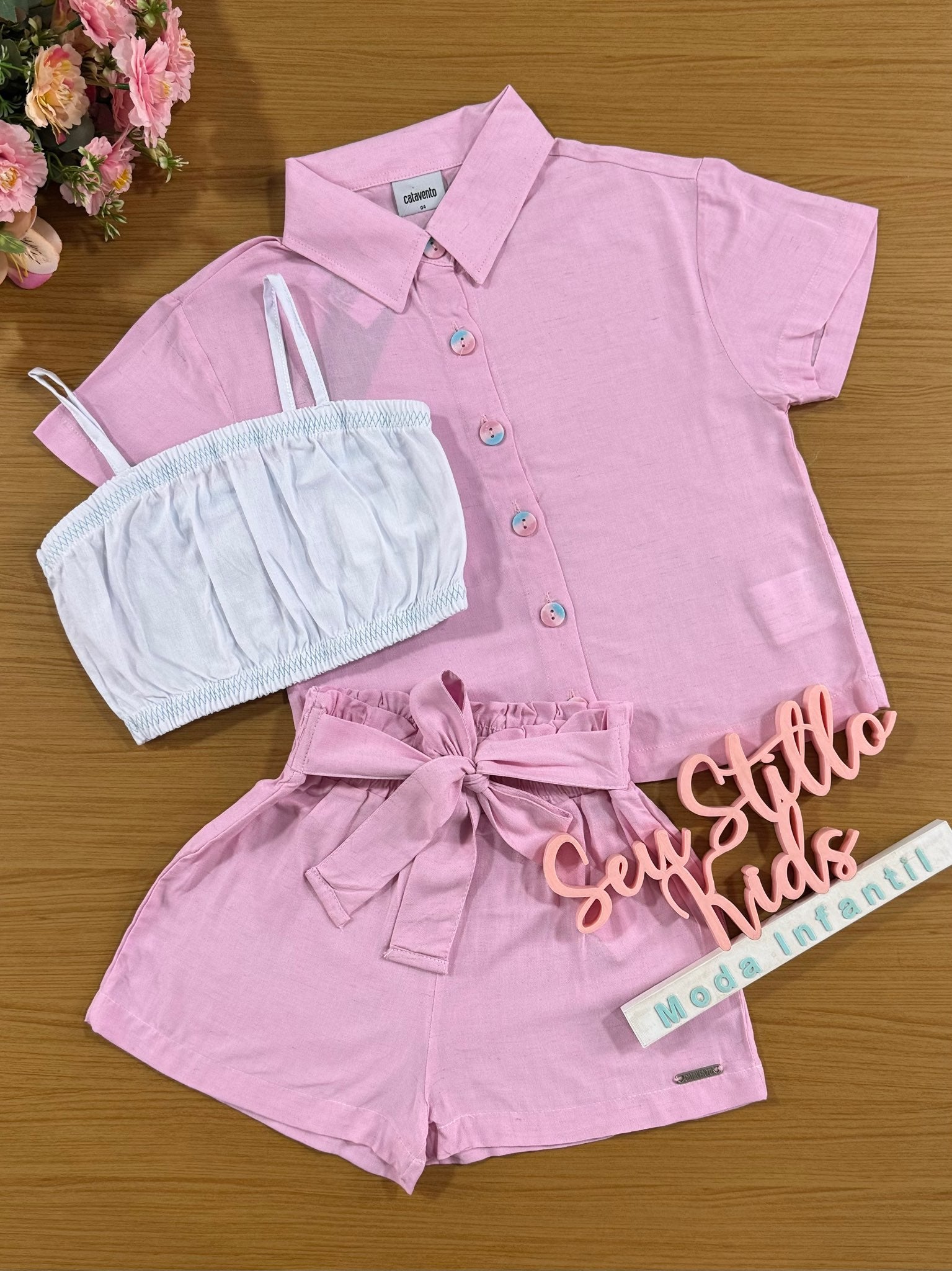 Conjunto Infantil Catavento Verão Shorts, Top e Camisa Rosa