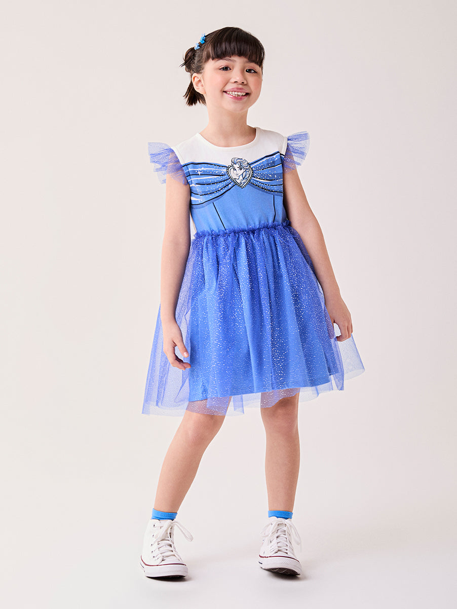 Vestido Infantil Bimbi Inverno Azul com Tule e Glitter Elsa Disney
