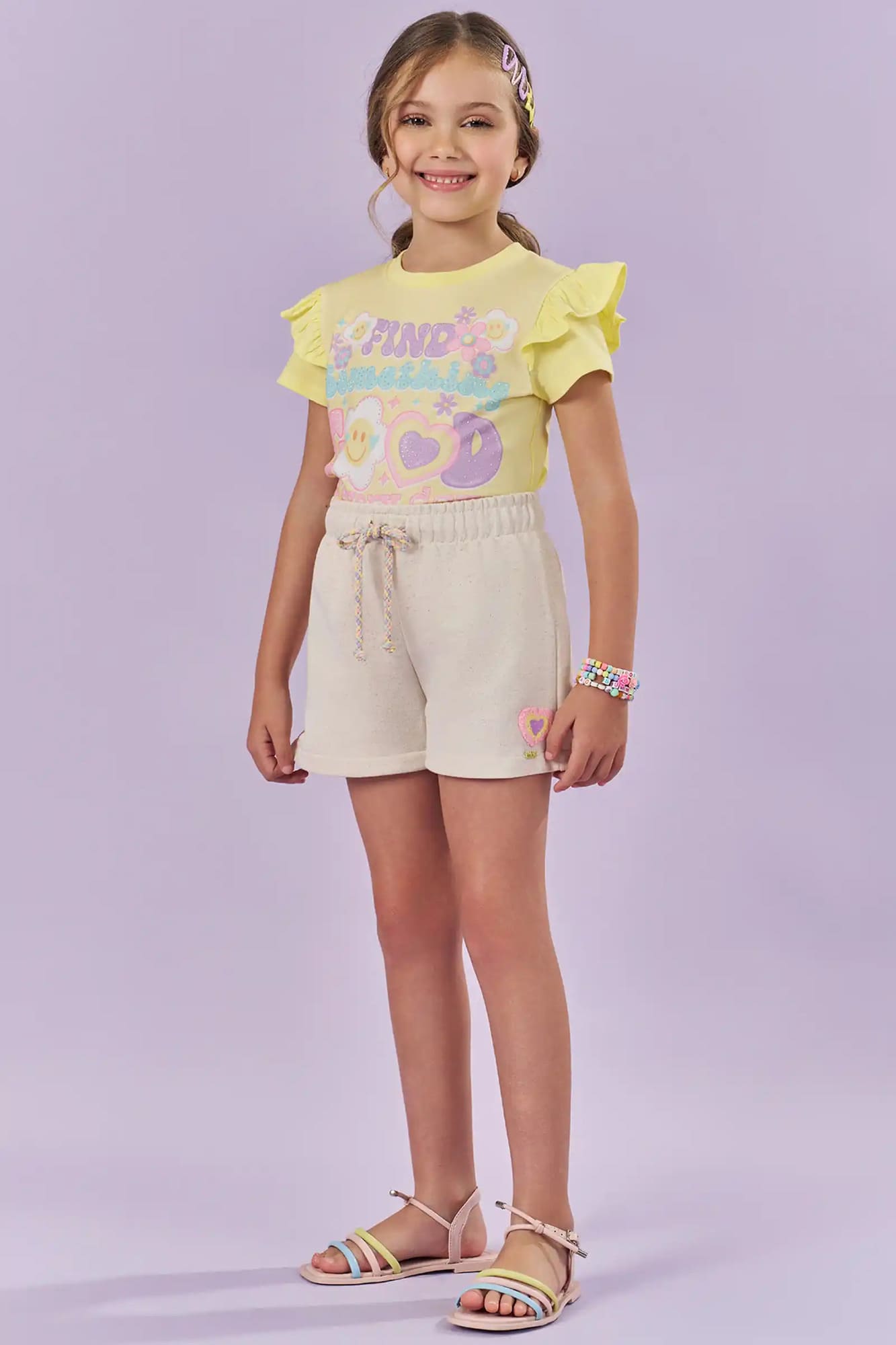 Conjunto Infantil Kukiê Verão com Shorts Off White e Blusa Amarela Florzinha