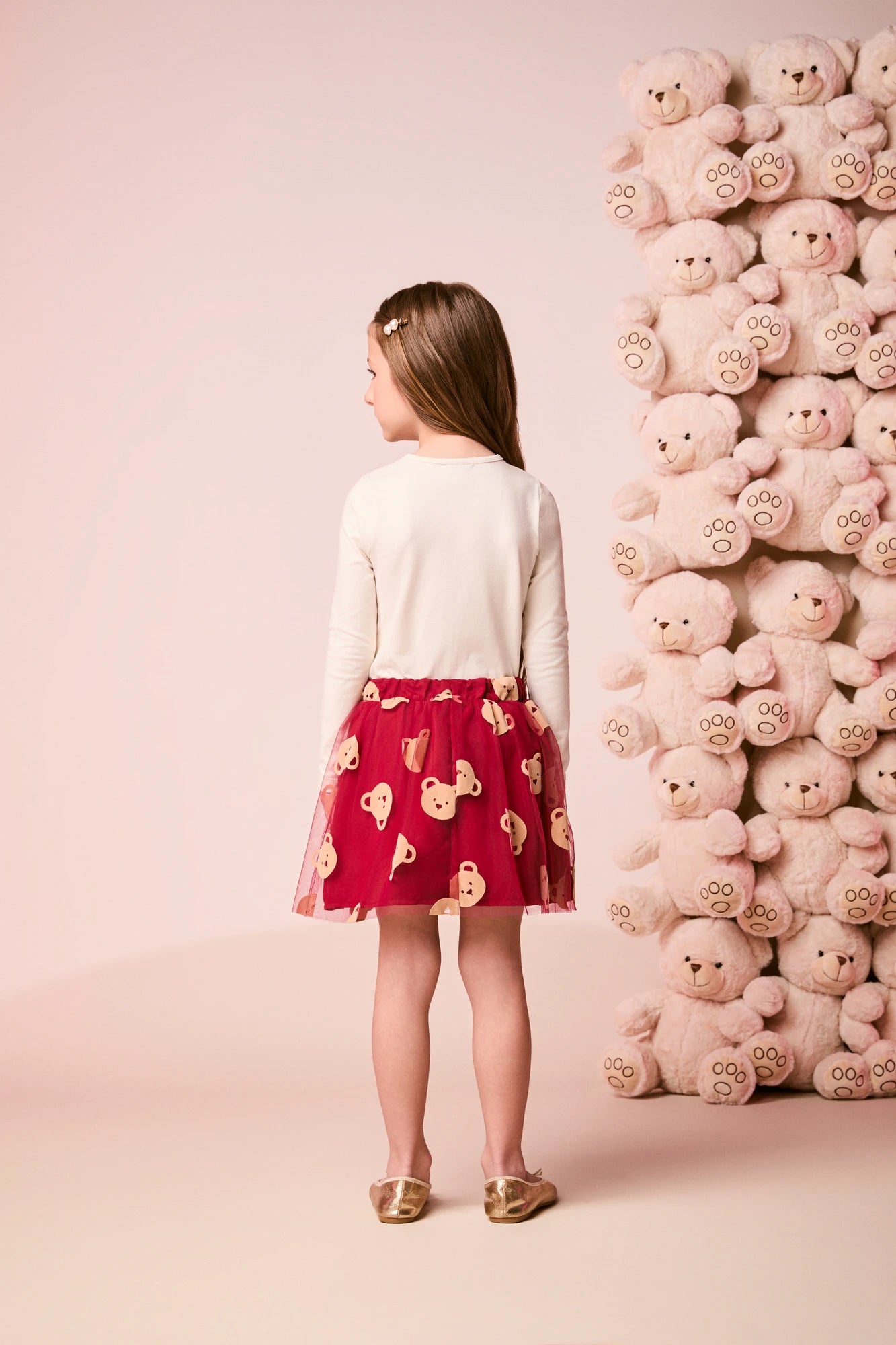 Conjunto Infantil Momi Inverno com Saia em Tule Vermelha e Blusa Manga Longa Ursinha Enjoy