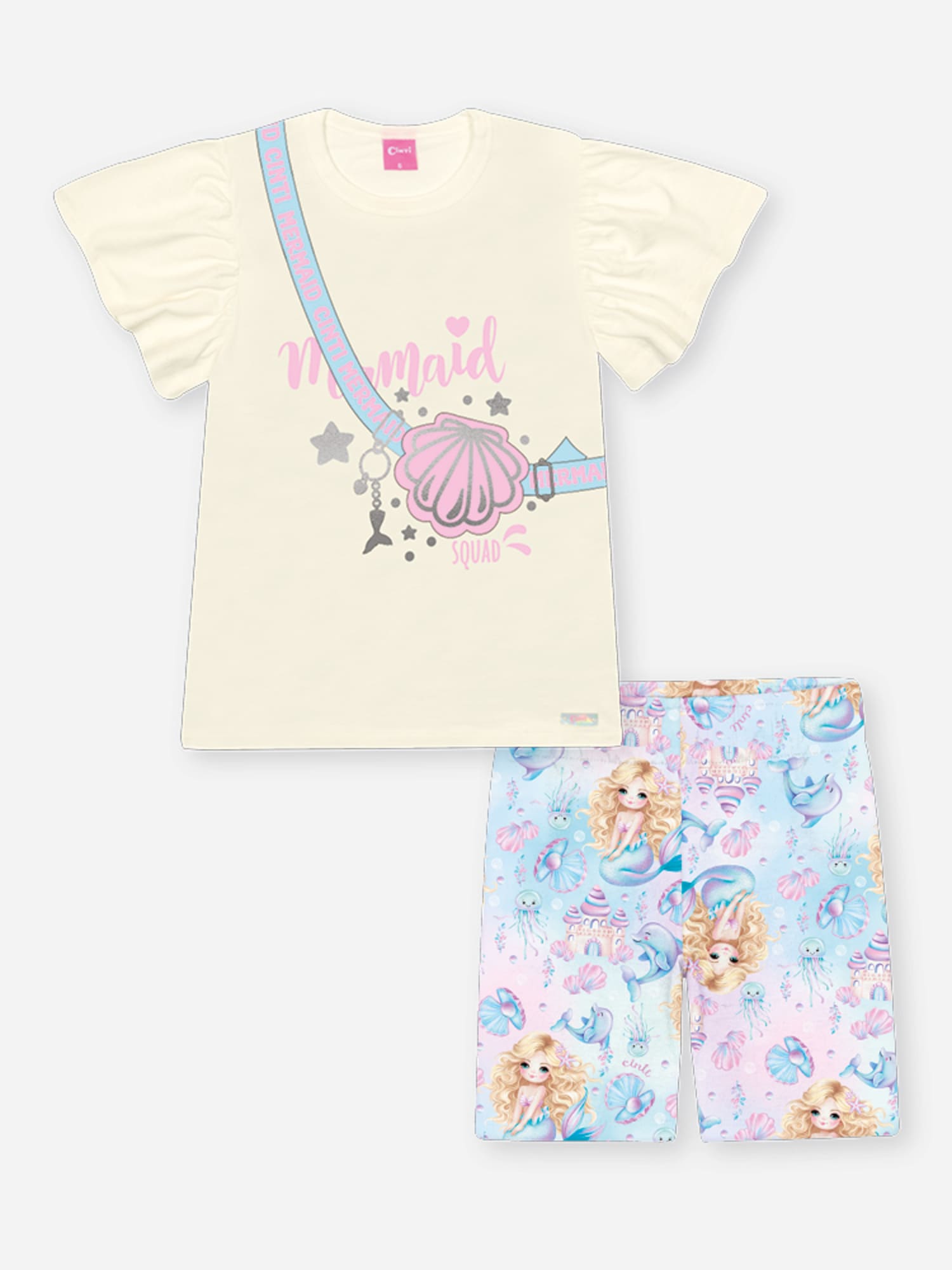 Conjunto Infantil Cinti Verão com Shorts Ciclista Azul e Blusa Branca Conchinha