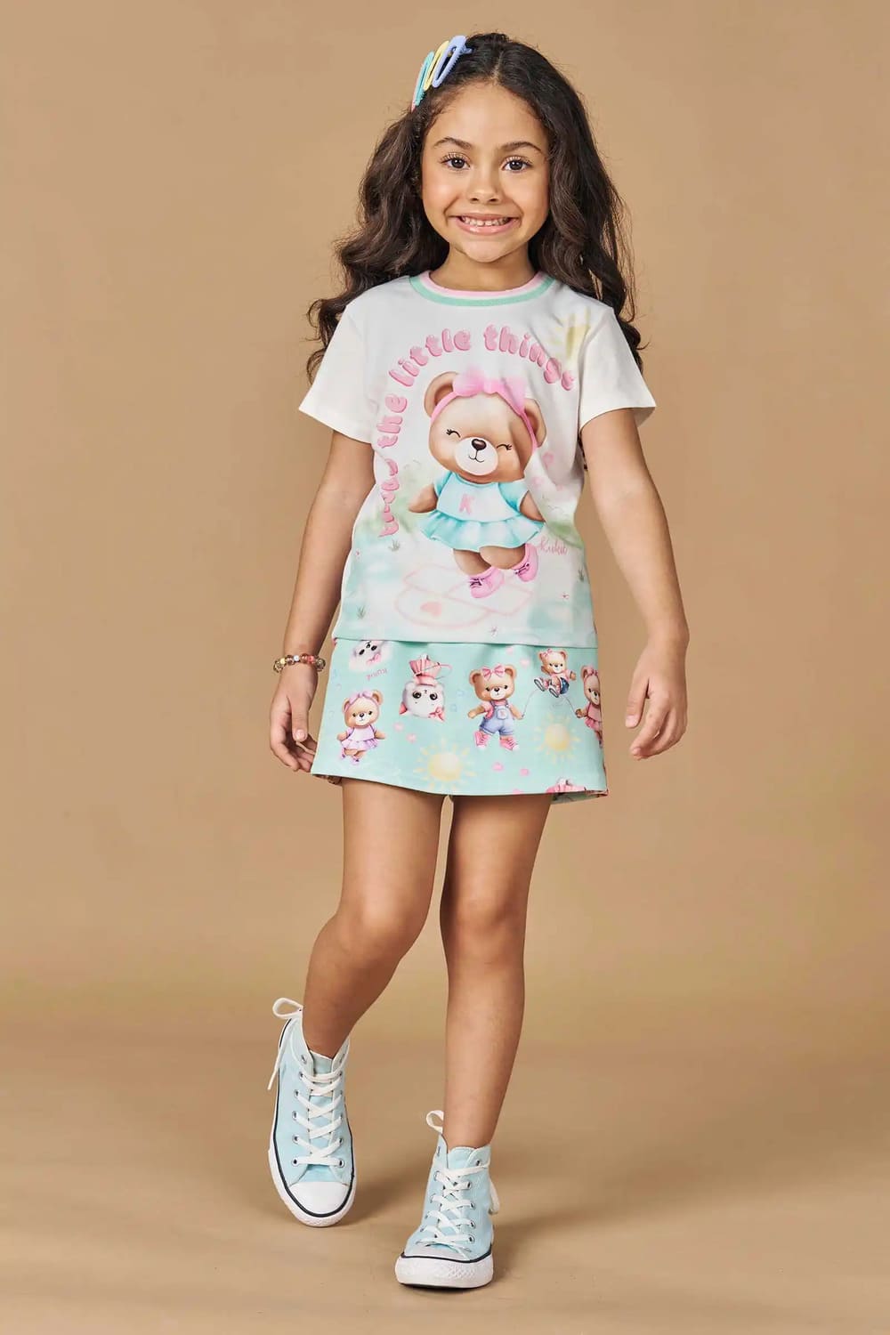 Conjunto Infantil Kukie Verão Shorts Saia Verde e Blusa Ursinha