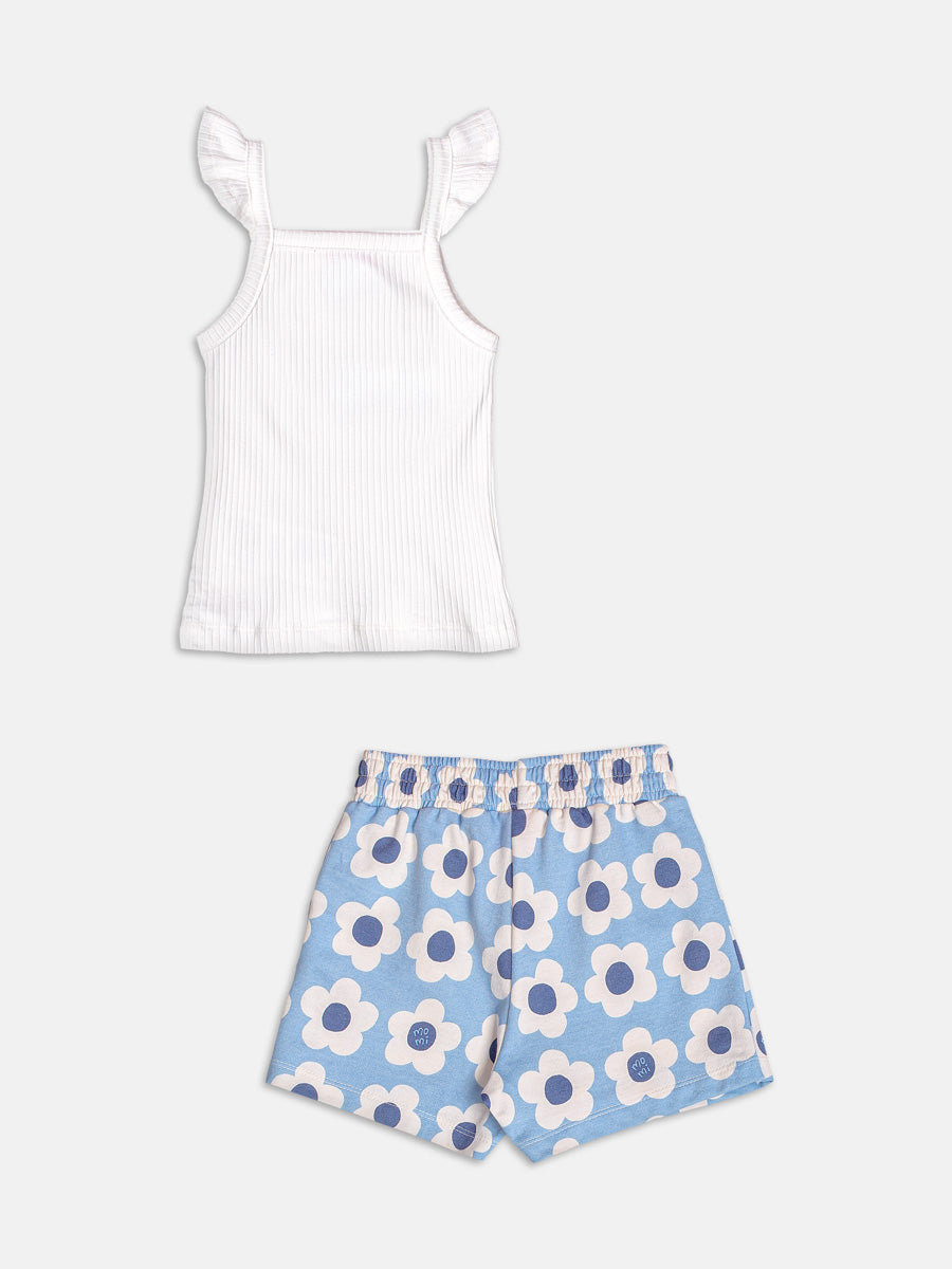 Conjunto Infantil Momi Verão com Short-Saia Azul Flores e Regata Canelada Branca Good Energy