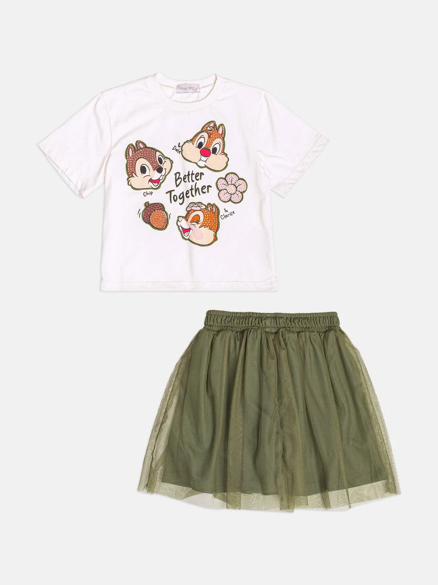 Conjunto Infantil Momi Inverno com Saia em Tule Verde e Blusa Manga Curta Tico e Teco Strass