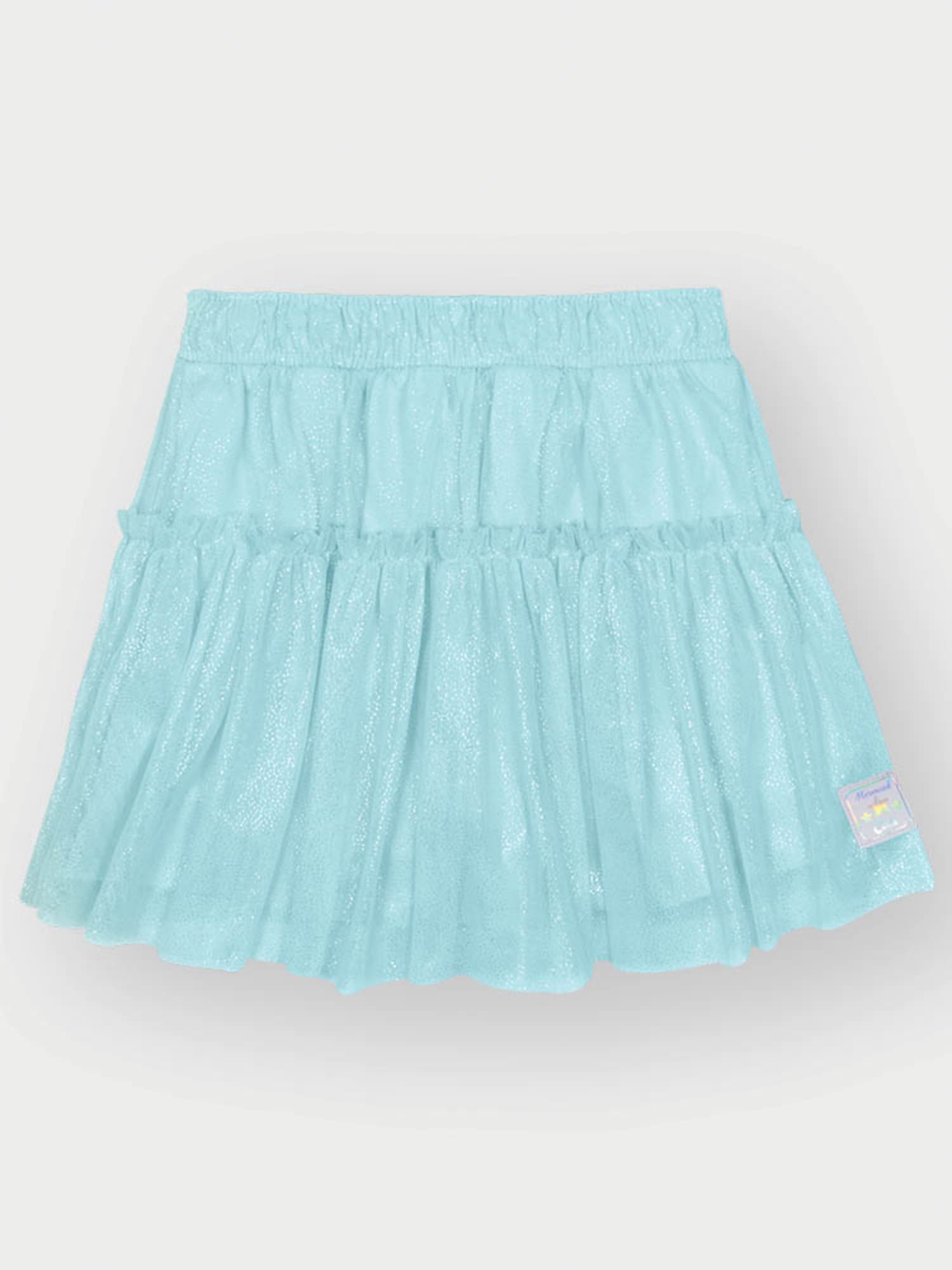 Conjunto Infantil Cinti Verão com Saia Azul em Tule e Blusa Branca Sereia
