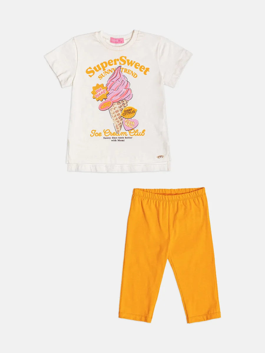 Conjunto Infantil Menina Momi com Calça Legging Laranja e Blusa Branca Sorvetinho Strass