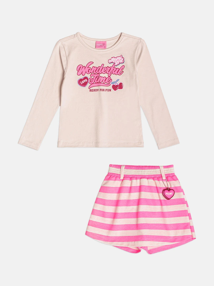 Conjunto Infantil Momi Inverno com Shorts Saia Listrado e Blusa Manga Longa Cerejinha Love
