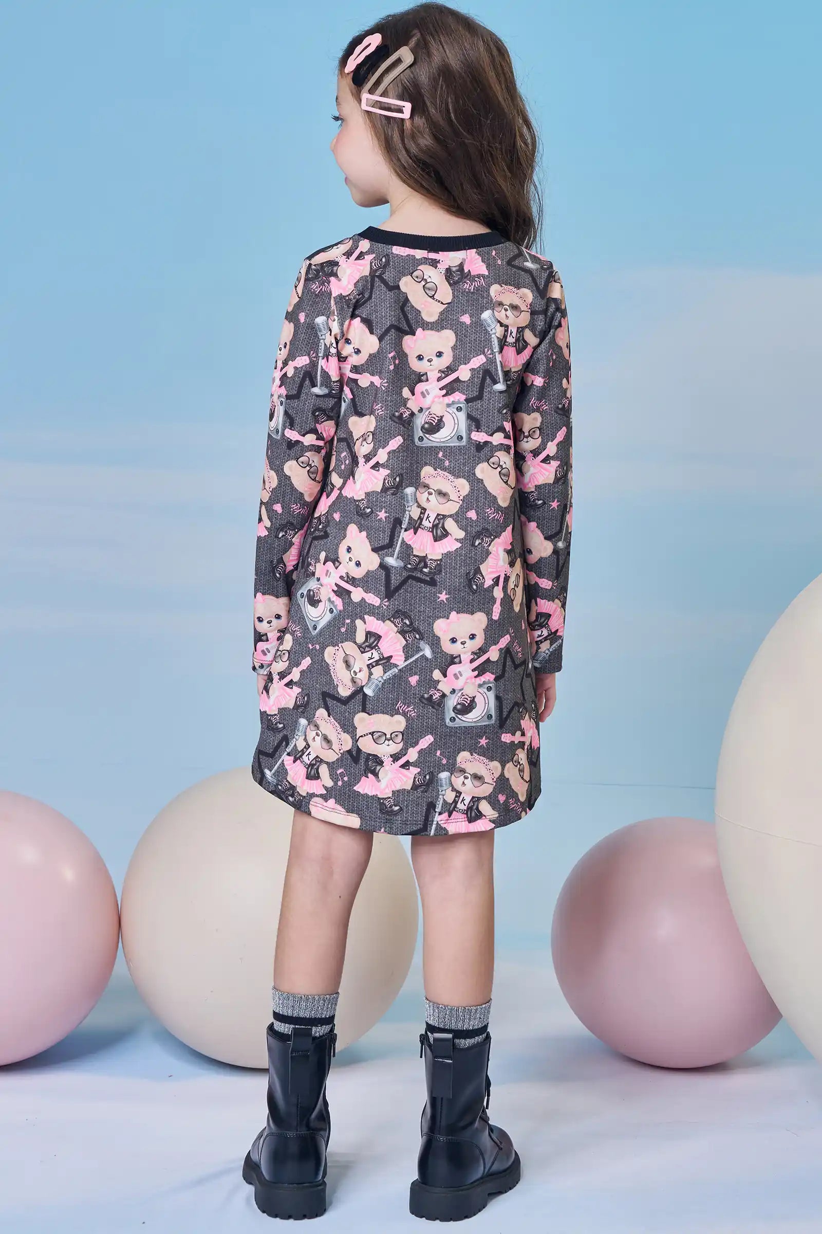 Vestido Infantil Kukiê Inverno Térmico Cinza Ursinha Roqueira