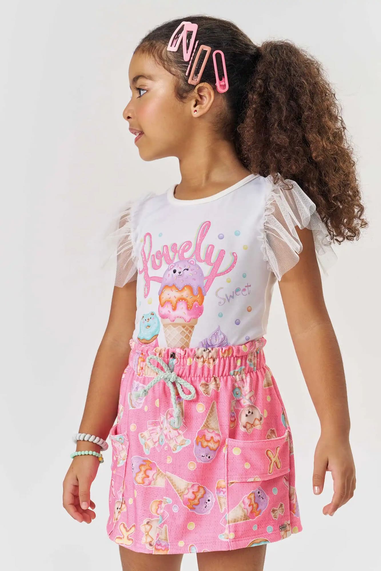 Conjunto Infantil Kukiê Inverno com Shorts Saia Rosa e Blusa Branca Sorvetinho