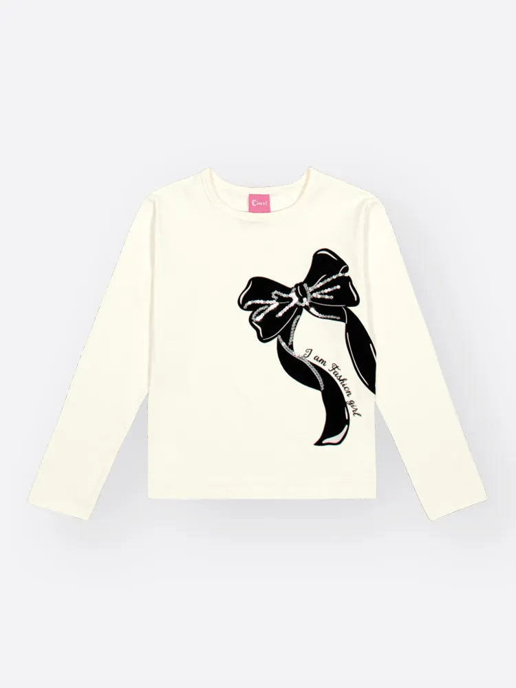 Conjunto Infantil Cinti Inverno Com Saia Preta e Blusa Branca Laço.