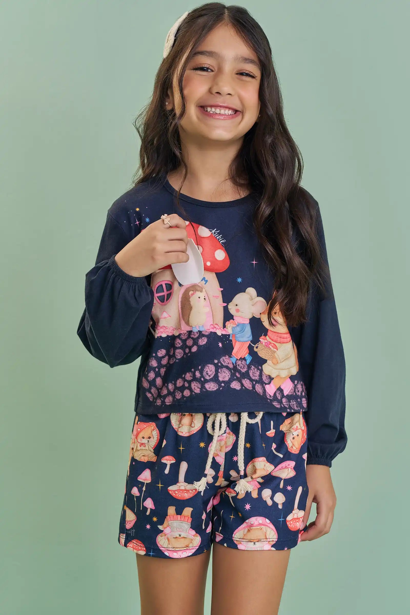 Conjunto Infantil Kukiê Inverno com Shorts e Blusa Manga Longa Azul Marinho Casinha Cogumelo