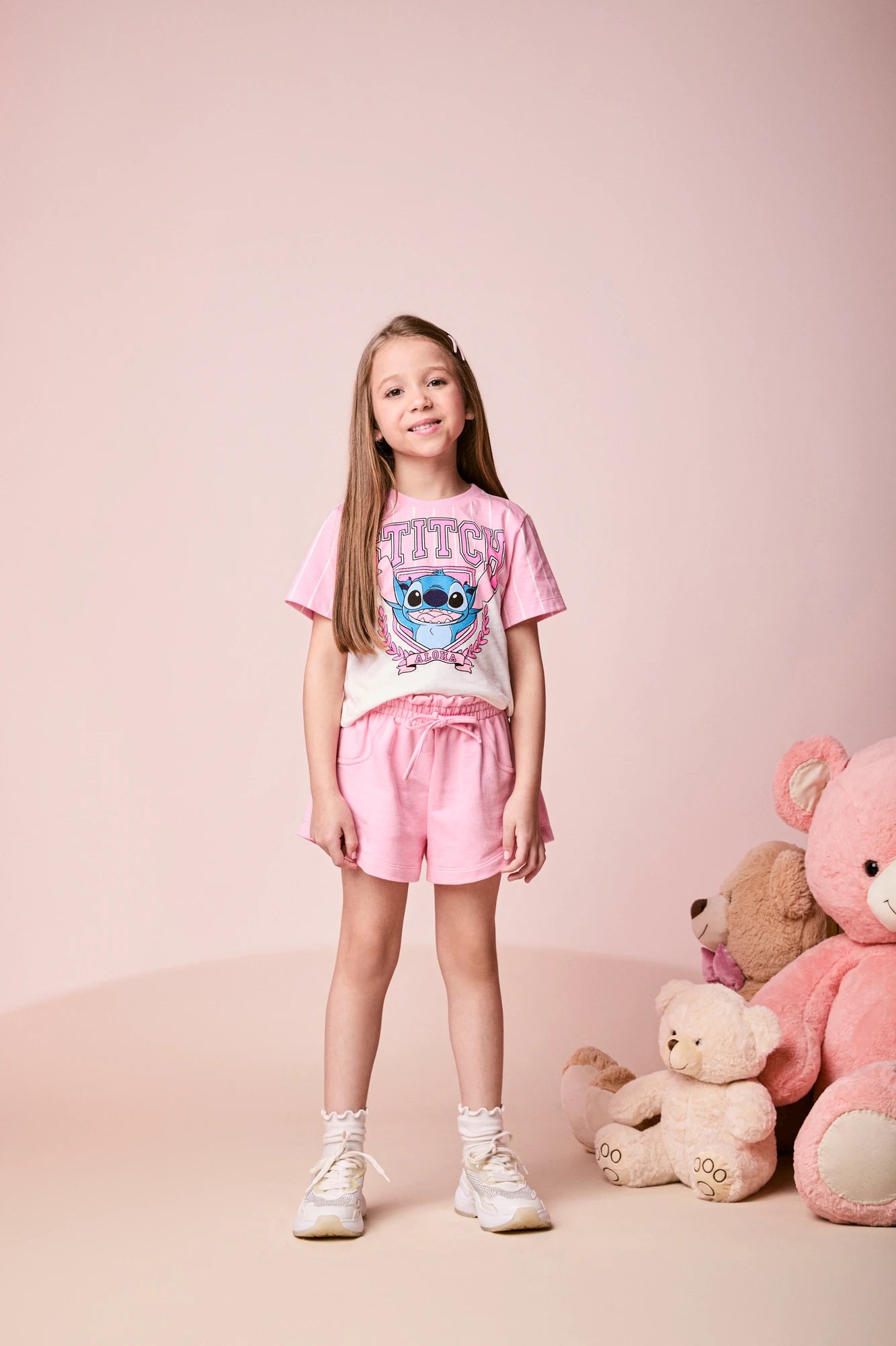 Conjunto Infantil Momi Inverno com Shorts Rosa e Blusa Manga Curta Listrada Stitch Aloha Disney