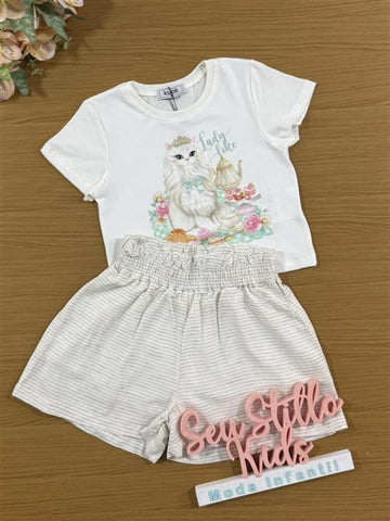 Conjunto Infantil Kukiê com Shorts Off White e Blusa Manga Curta Gatinha Princesa