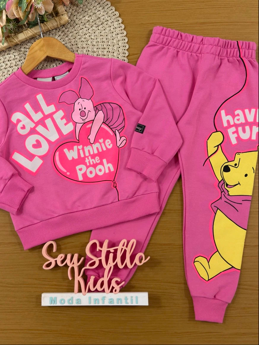 Conjunto Infantil Bimbi Inverno com Calça e Moletom sem Flanela Rosa Leitão Love