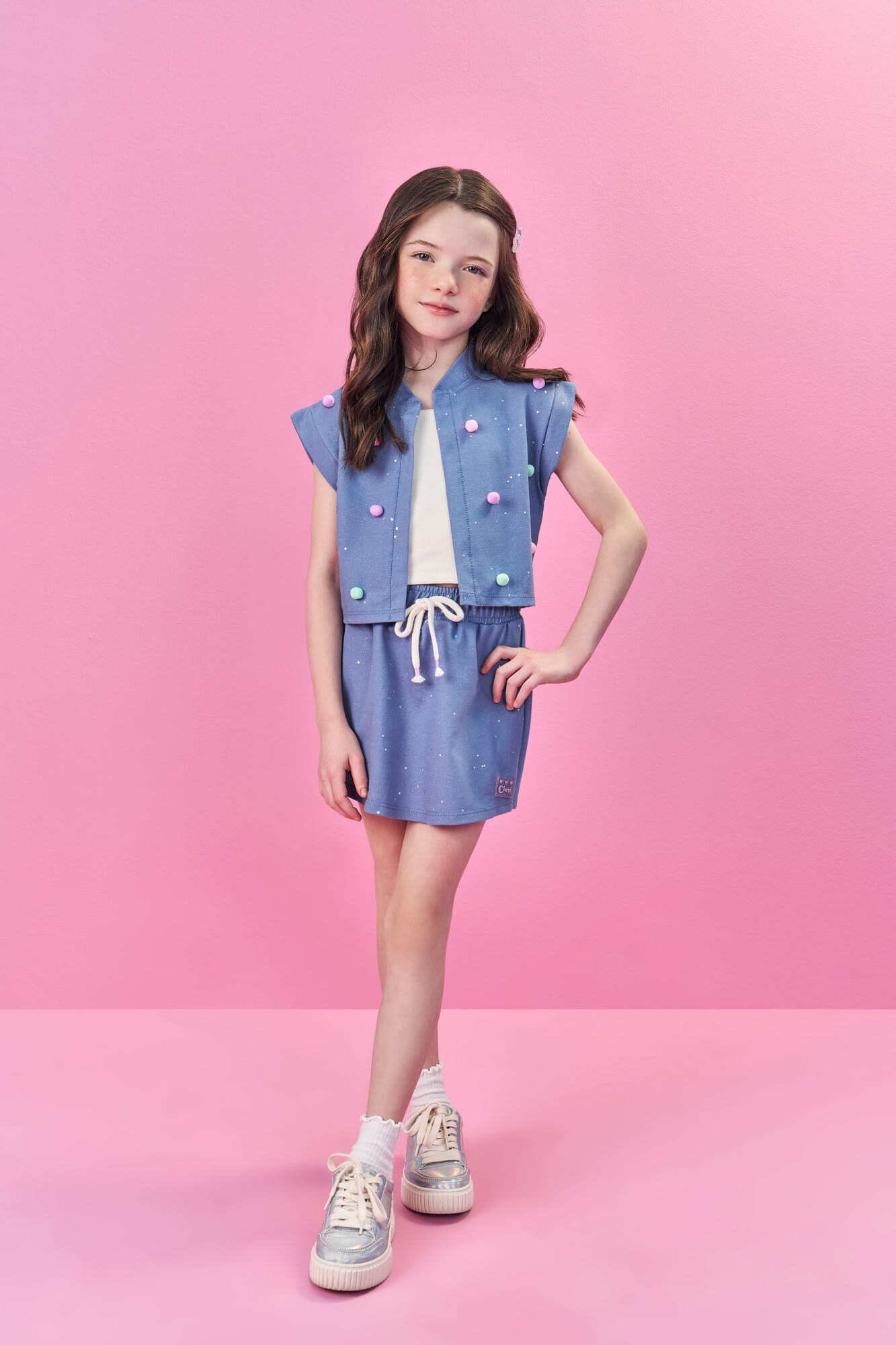 Conjunto Infantil Cinti Verão com Shorts Saia e Cropped com Colete Azul