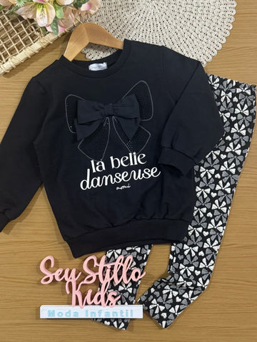 Conjunto Infantil Momi Inverno com Calça e Moletom sem Flanela Preto Lacinho