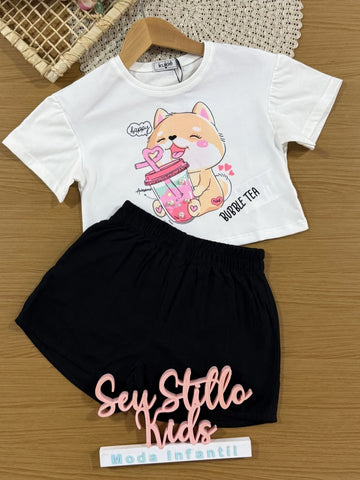 Conjunto Infantil Kukiê com Shorts Preto e Blusa Manga Curta Gatinho