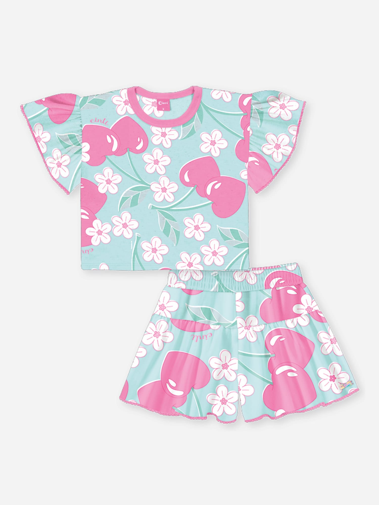 Conjunto Infantil Cinti Verão com Shorts e Blusa Verde Floral