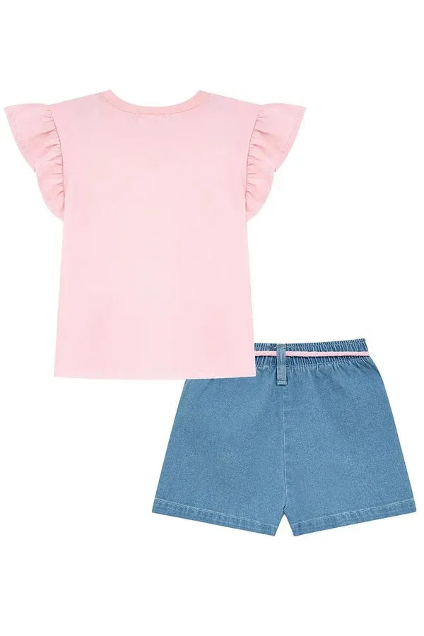Conjunto Infantil Menina Kukiê com Shorts Jeans e Blusa Cerejinha Arco-íris