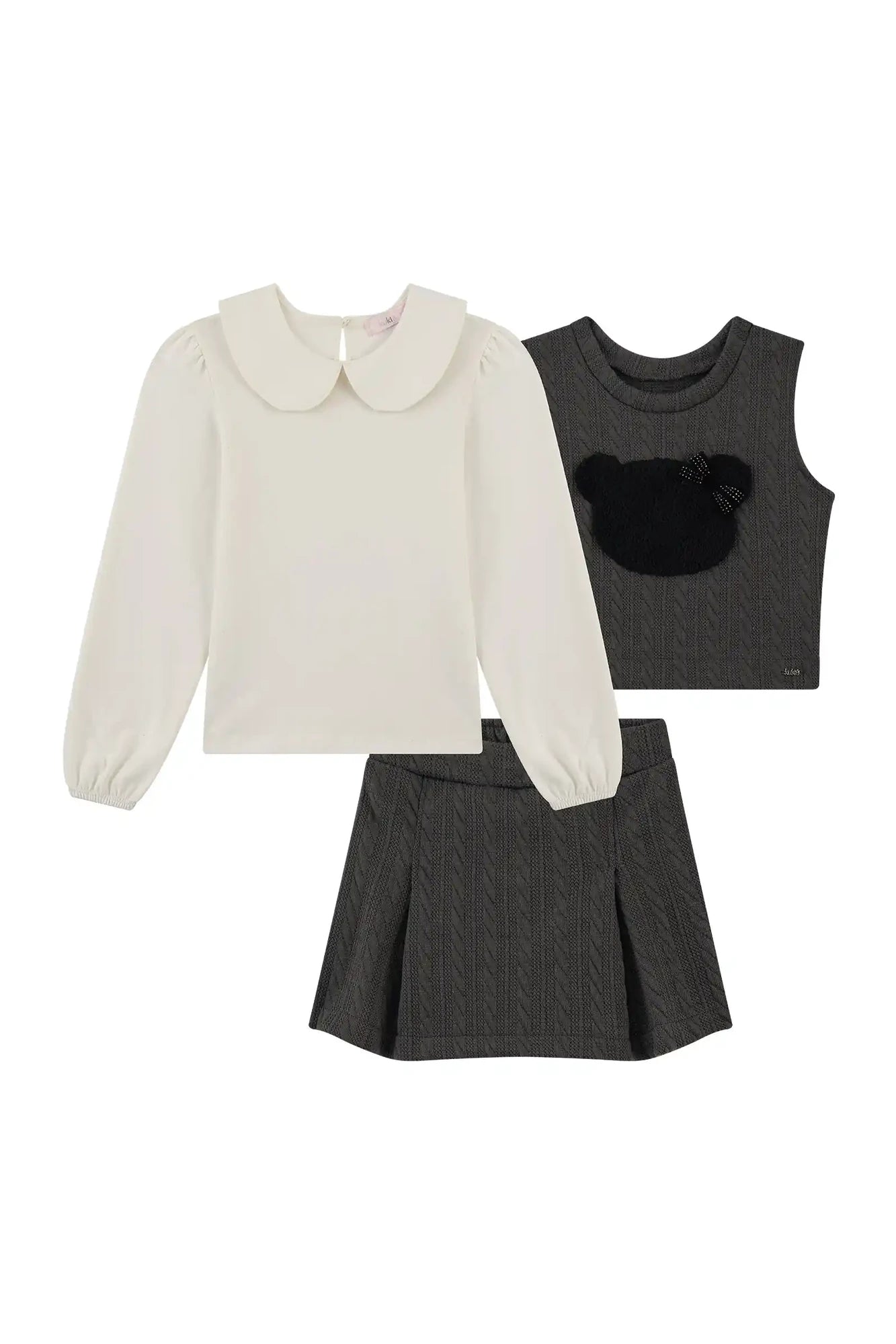 Conjunto Infantil Kukiê Inverno com Shorts Saia, Colete Tricot Cinza e Blusa Manga Longa
