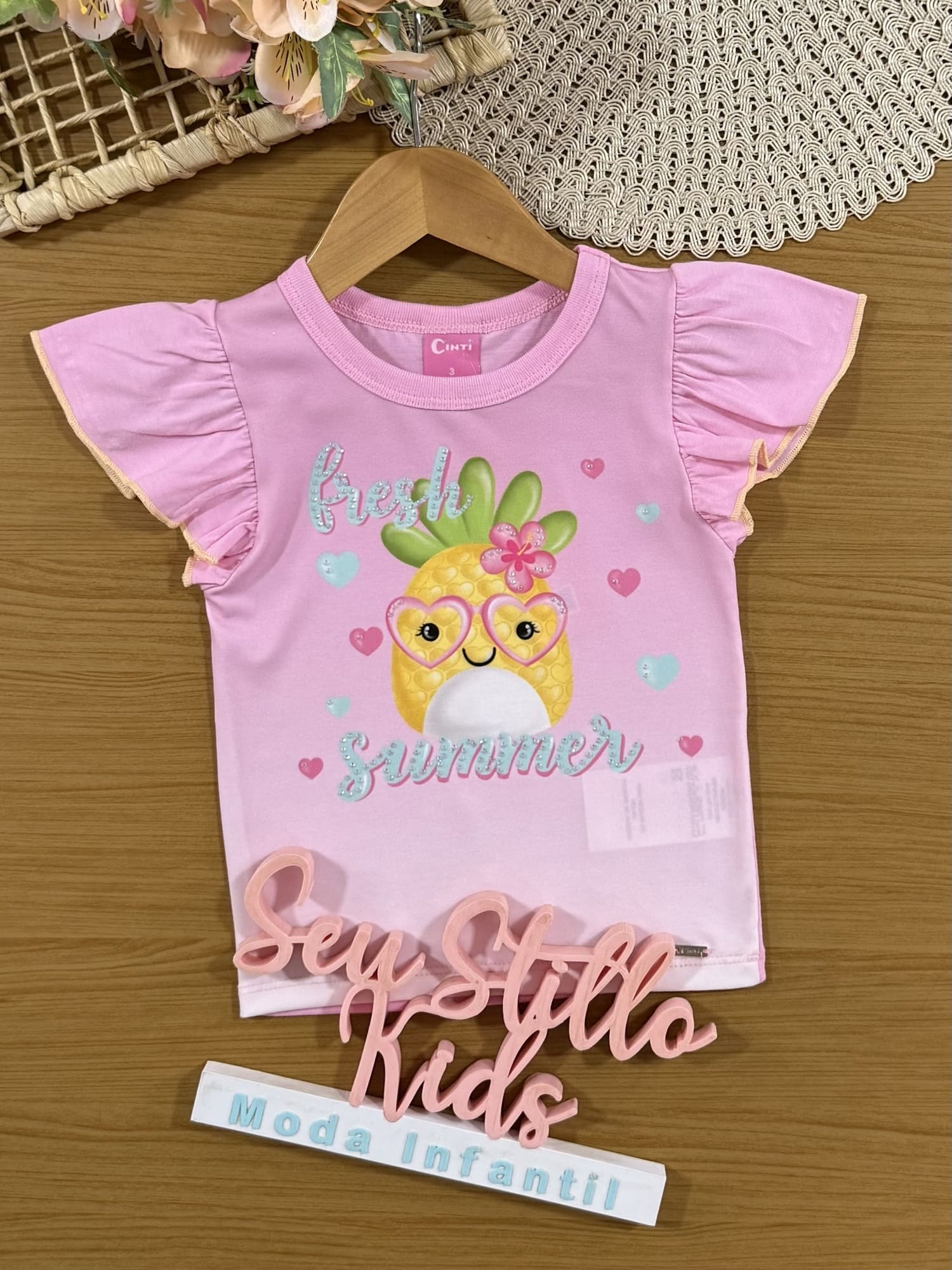 Blusa Infantil Cinti Verão Rosa Abacaxi com Strass
