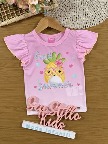 Blusa Infantil Cinti Verão Rosa Abacaxi com Strass