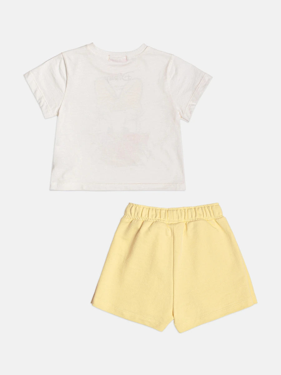 Conjunto Infantil Menina Momi, Shorts Saia Amarelo com Lacinho e Blusa Daisy