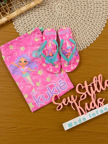 Chinelo Infantil Kukiê Rosa Sereia com Bolsinha