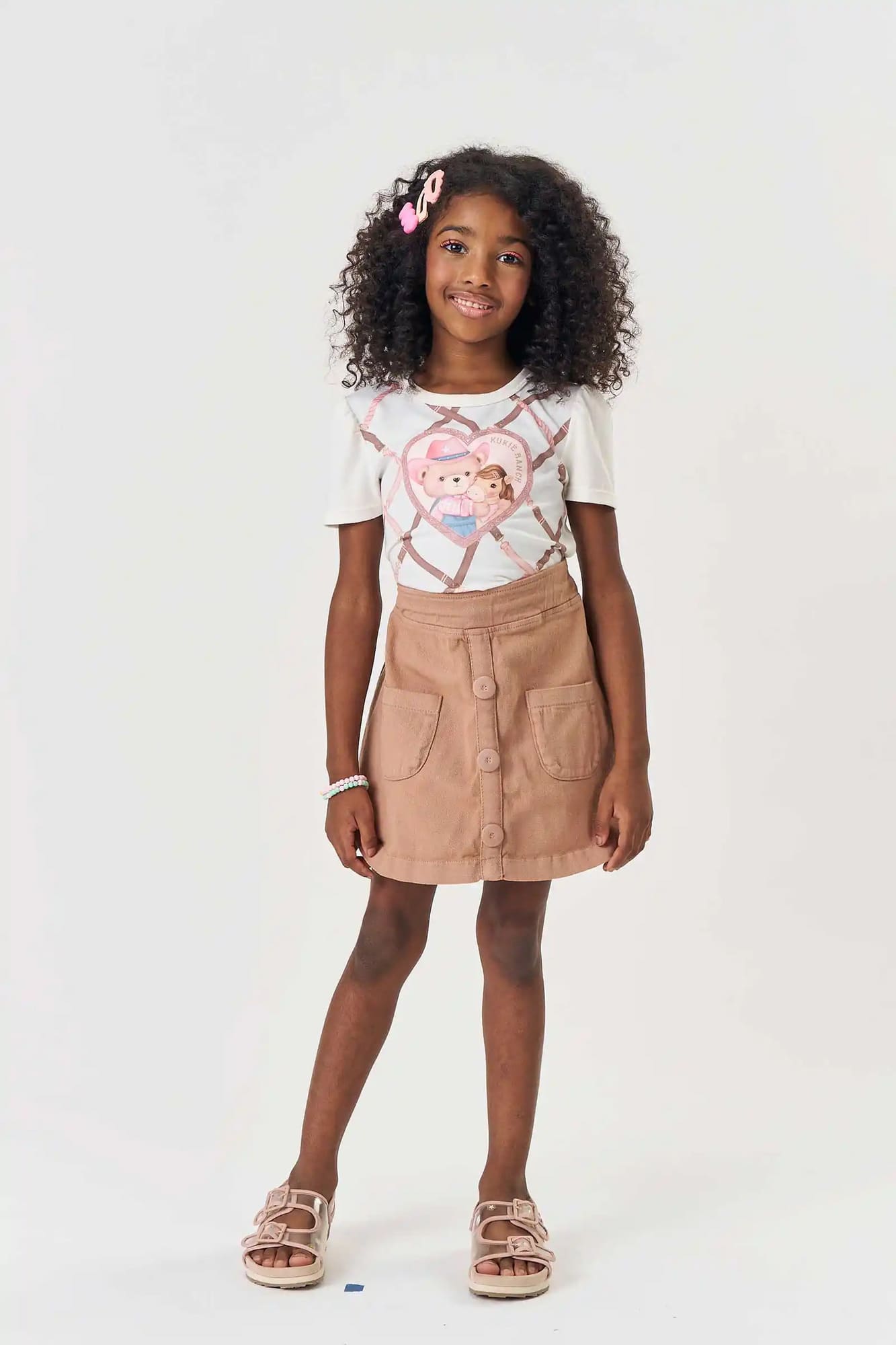Conjunto Infantil Kukiê Inverno com Saia Marrom e Blusa Ursinha Country