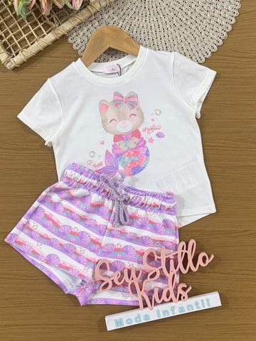 Conjunto Infantil Kukiê Verão com Shorts Listrado e Blusa Branca Gatinha Sereia
