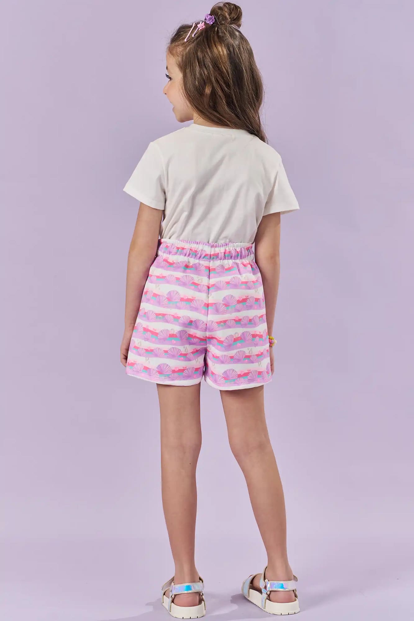 Conjunto Infantil Kukiê Verão com Shorts Listrado e Blusa Branca Gatinha Sereia