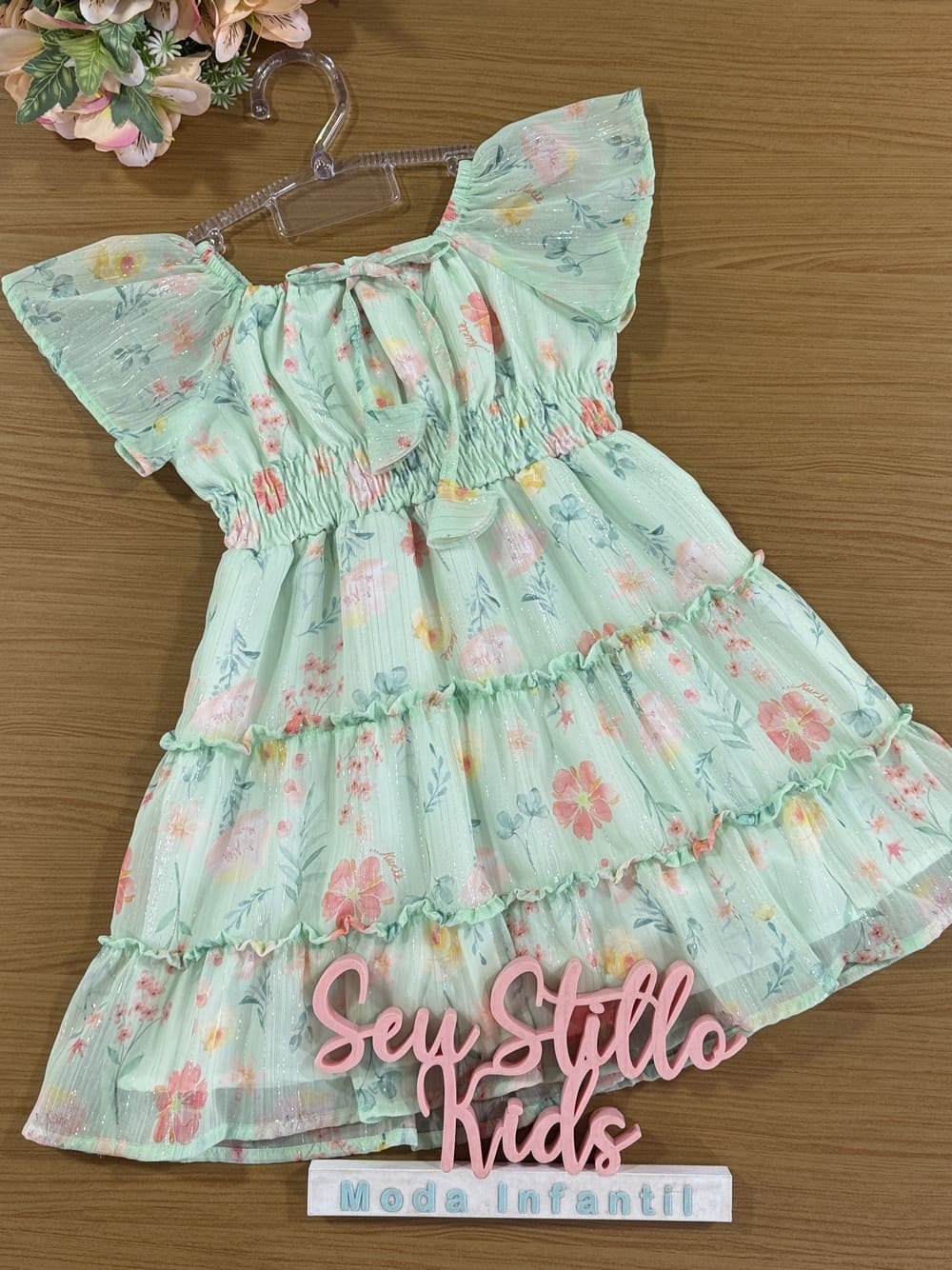 Vestido Infantil Kukie Verão Chiffon Verde Floral