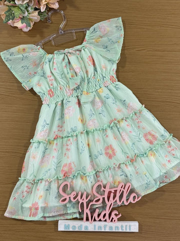 Vestido Infantil Kukie Verão Chiffon Verde Floral