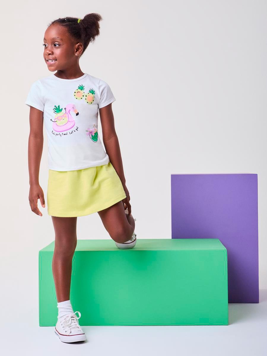 Conjunto Infantil Bimbi Verão com Shorts Saia Verde e Blusa Branca Praia