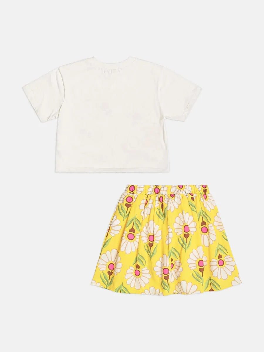Conjunto Infantil Menina Bimbi com Saia Amarela e Blusa Branca Florzinhas
